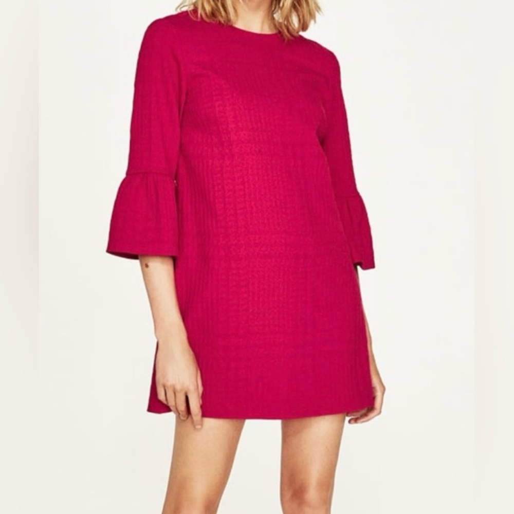 ZARA Women's Fuchsia Pink Textured Holiday Mini Dress with Tulip Sleeves Size XS